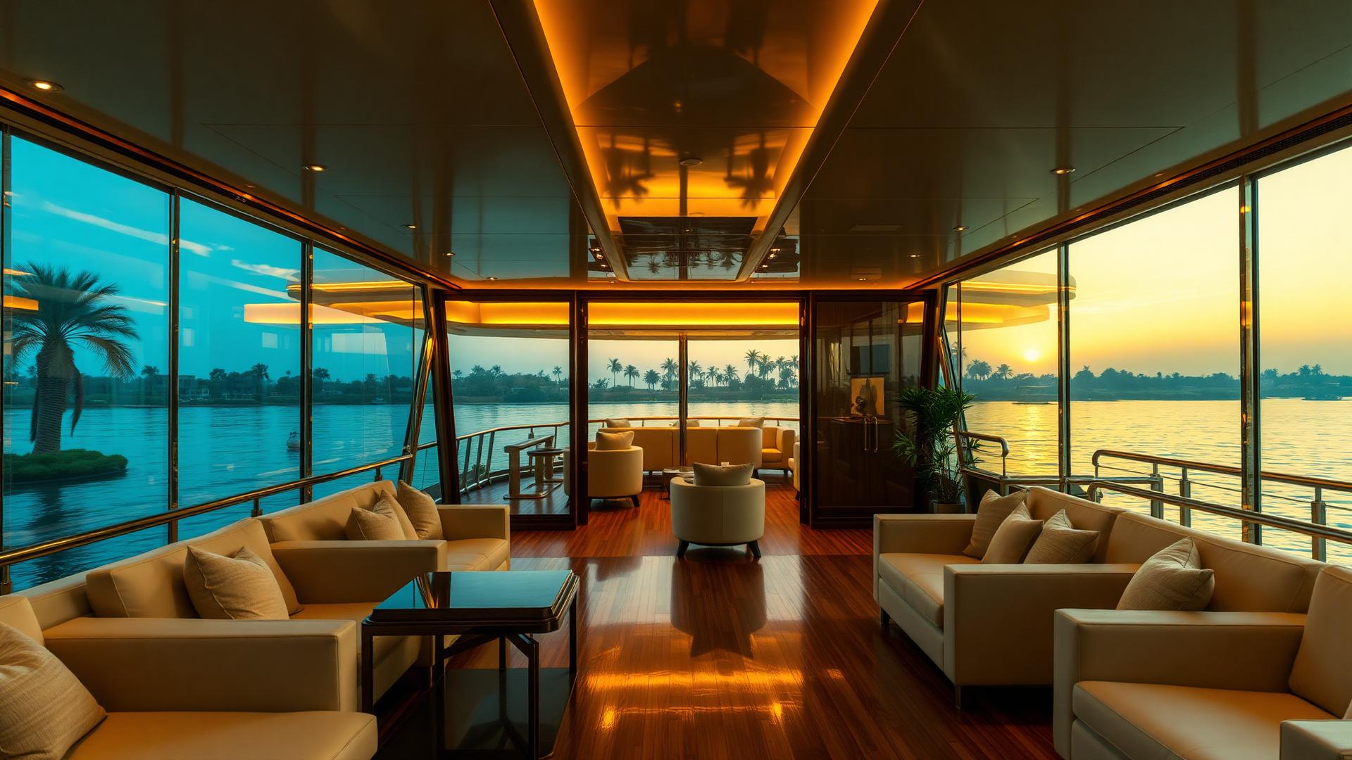 Nalshry lounge interior at golden hour
